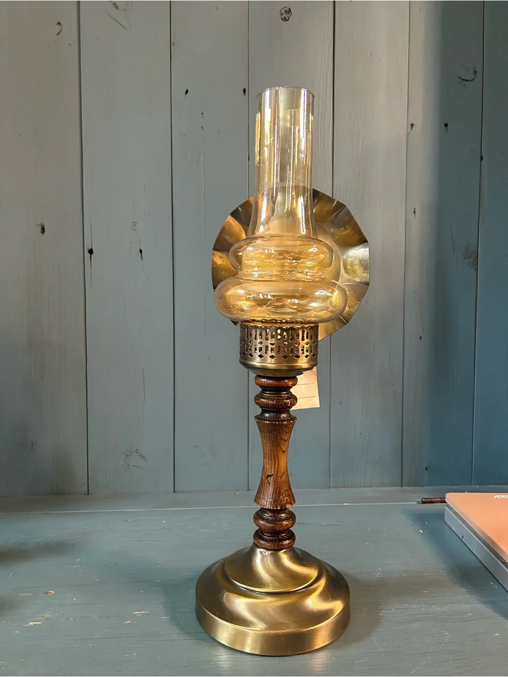 Vintage “Brite Metal” Brass & Wood Table Candle Lamp - Amber Glass Chimney